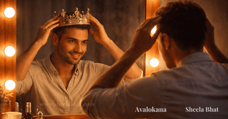 ಕನ್ನಡಿ ಮುಂದೆ ತನ್ನ ತಲೆಯ ಮೇಲೆ ಕಿರೀಟವನ್ನು ಇಡುವ ವ್ಯಕ್ತಿ – ಸ್ವಯಂ ಅರಿವು ಮತ್ತು ಭಾವನಾತ್ಮಕ ಗೌರವದ ಪ್ರತೀಕ