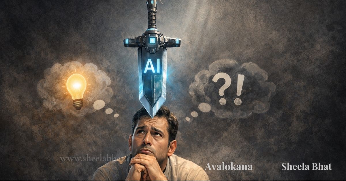 ತಲೆಯ ಮೇಲೆ “AI” ಎಂದು ಬರೆದಿರುವ ಕತ್ತಿ ತೂಗುತಿರುವಾಗ, ವ್ಯಕ್ತಿ ಗೊಂದಲದಲ್ಲಿ ಯೋಚಿಸುತ್ತಿರುವ ದೃಶ್ಯ – ಕೃತಕ ಬುದ್ಧಿಮತ್ತೆ ಬಳಕೆ ಬಗ್ಗೆ ದ್ವಂದ್ವವನ್ನು ಸೂಚಿಸುತ್ತದೆ.