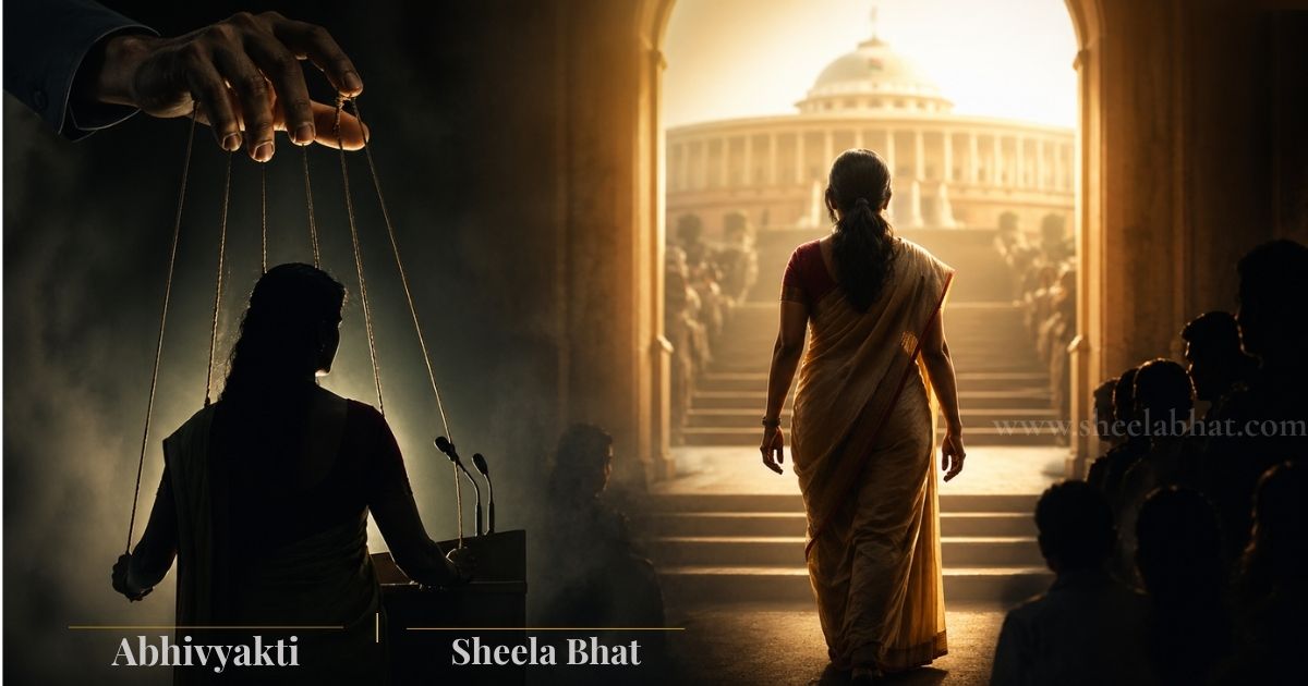 ಮಹಿಳಾ ರಾಜಕಾರಣಿಯ ಮೇಲೆ ಅಜ್ಞಾತ ನಿಯಂತ್ರಣ ಮತ್ತು ಒತ್ತಡವನ್ನು ಸೂಚಿಸುವ ಪ್ರತಿಕಾತ್ಮಕ ಚಿತ್ರ