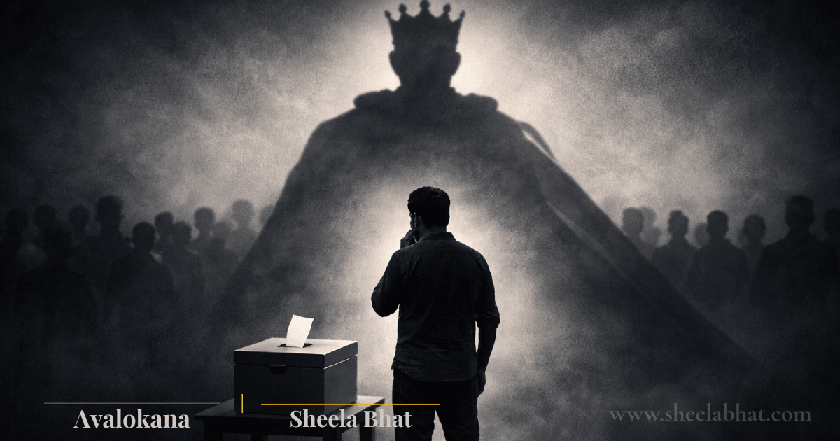 ಮತಪೆಟ್ಟಿಗೆಯ ಮುಂದೆ ನಿಂತಿರುವ ಒಬ್ಬ ಮತದಾರ, ಹಿನ್ನಲೆಯಲ್ಲಿ ದೊರೆ ರೂಪದ ನೆರಳು — ಪ್ರಜಾಪ್ರಭುತ್ವದ ಗೊಂದಲದ ಪ್ರತೀಕ