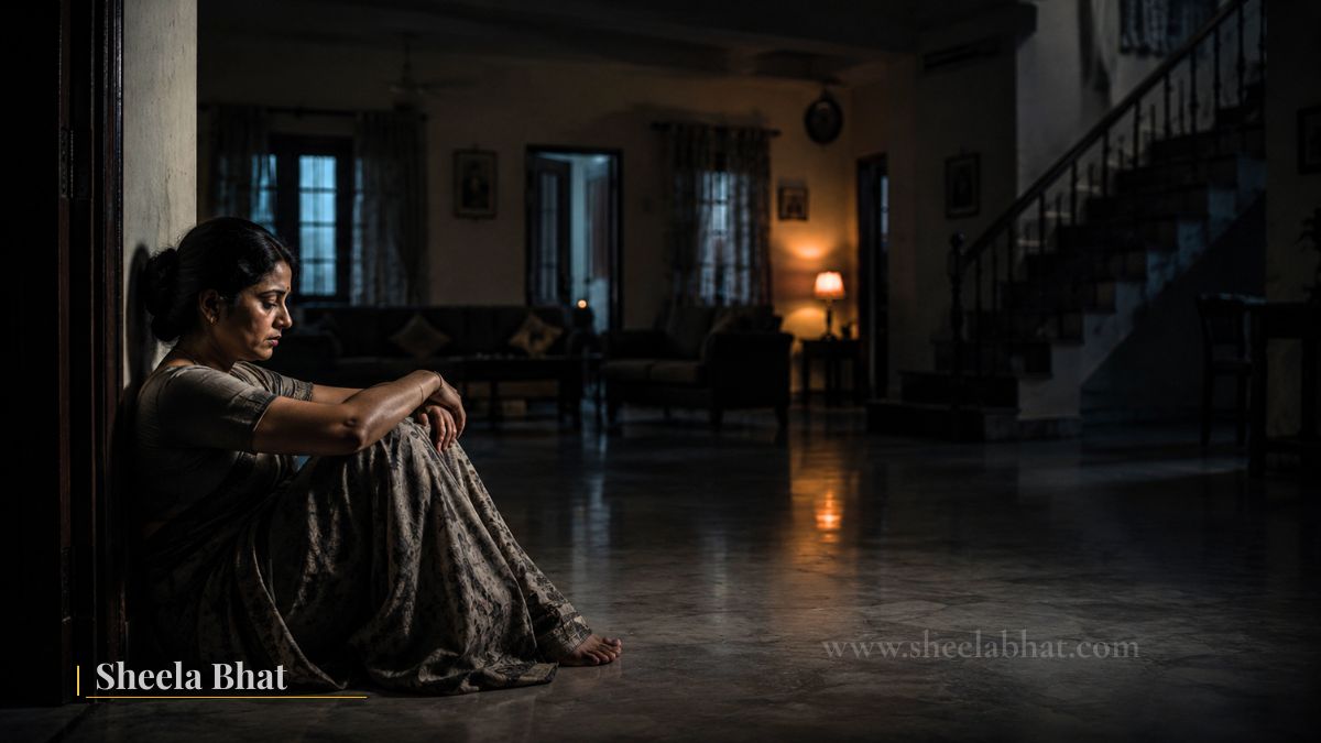 ಮನೆಯೊಳಗೆ ಒಂಟಿಯಾಗಿ ಕುಳಿತಿರುವ ದುಃಖಿತ ಮಹಿಳೆಯ ಭಾವನಾತ್ಮಕ ಚಿತ್ರ