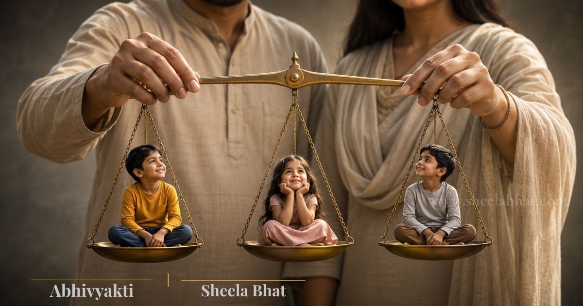 ಪೋಷಕರ ಕೈಯಲ್ಲಿ ತೂಗುತಿರುವ ತಕ್ಕಡಿಯಲ್ಲಿ ಮೂವರು ಮಕ್ಕಳು ಕಾಣುವ ಕುಟುಂಬ ಹೋಲಿಕೆಯನ್ನು ಪ್ರತಿನಿಧಿಸುವ ಸಂಕೇತಾತ್ಮಕ ದೃಶ್ಯ