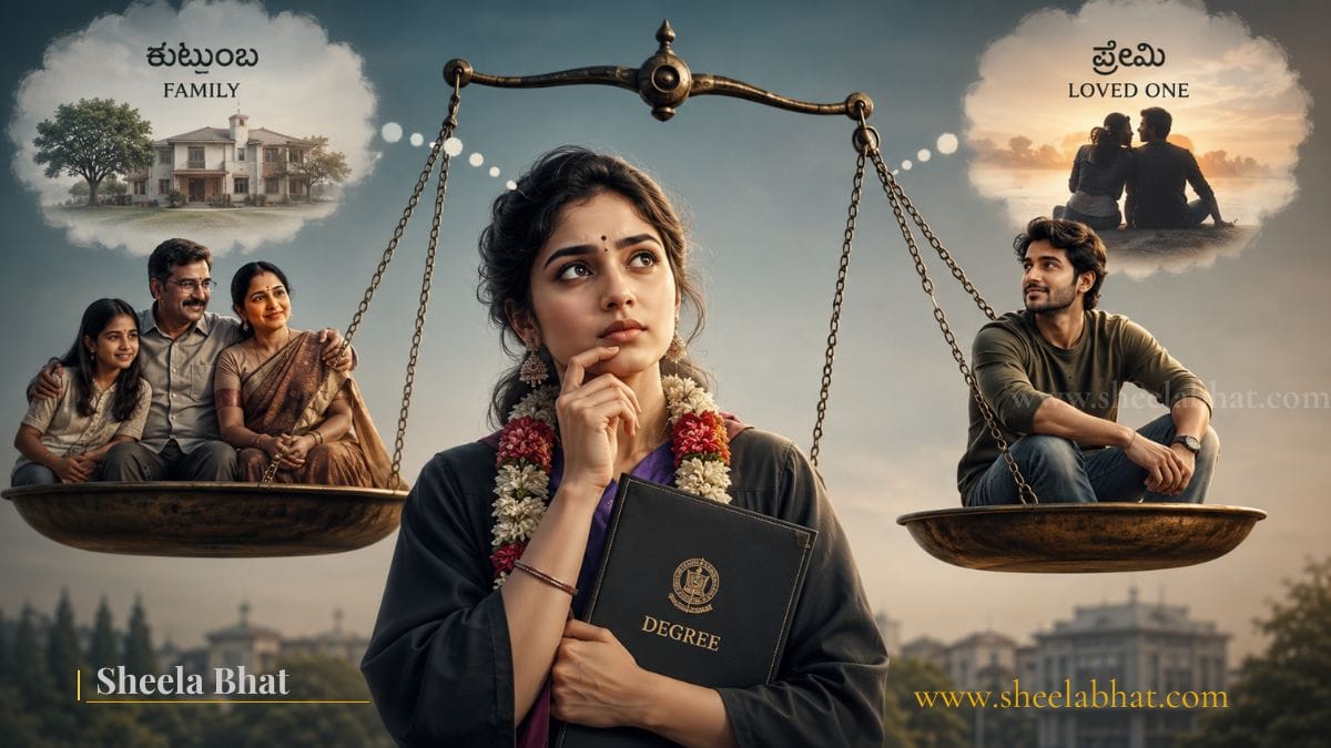 ಡಿಗ್ರಿ ಹಿಡಿದ ಯುವತಿ ಒಂದು ತಕ್ಕಡಿಯಲ್ಲಿ ಕುಟುಂಬ ಮತ್ತು ಮತ್ತೊಂದು ತಕ್ಕಡಿಯಲ್ಲಿ ಪ್ರಿಯಕರನನ್ನು ತೂಗುತ್ತಿರುವ ಸಾಂಕೇತಿಕ ಚಿತ್ರ