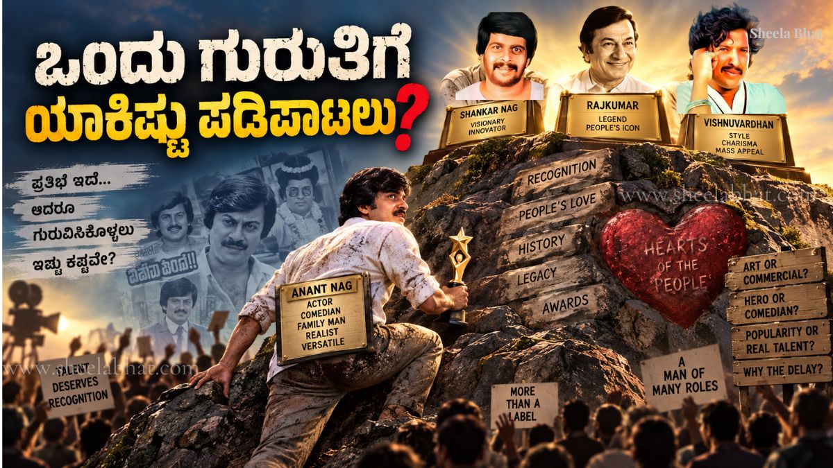ಅನಂತ್ ನಾಗ್ ಗುರುತಿನ ಪರ್ವತ ಏರುತ್ತಿರುವುದು, ಮೇಲ್ಭಾಗದಲ್ಲಿ ರಾಜಕುಮಾರ್, ಶಂಕರ್ ನಾಗ್ ಮತ್ತು ವಿಷ್ಣುವರ್ಧನ್ ಅವರ ಚಿತ್ರಗಳು ಹಾಗೂ ಪ್ರಶಸ್ತಿ ಫಲಕಗಳು