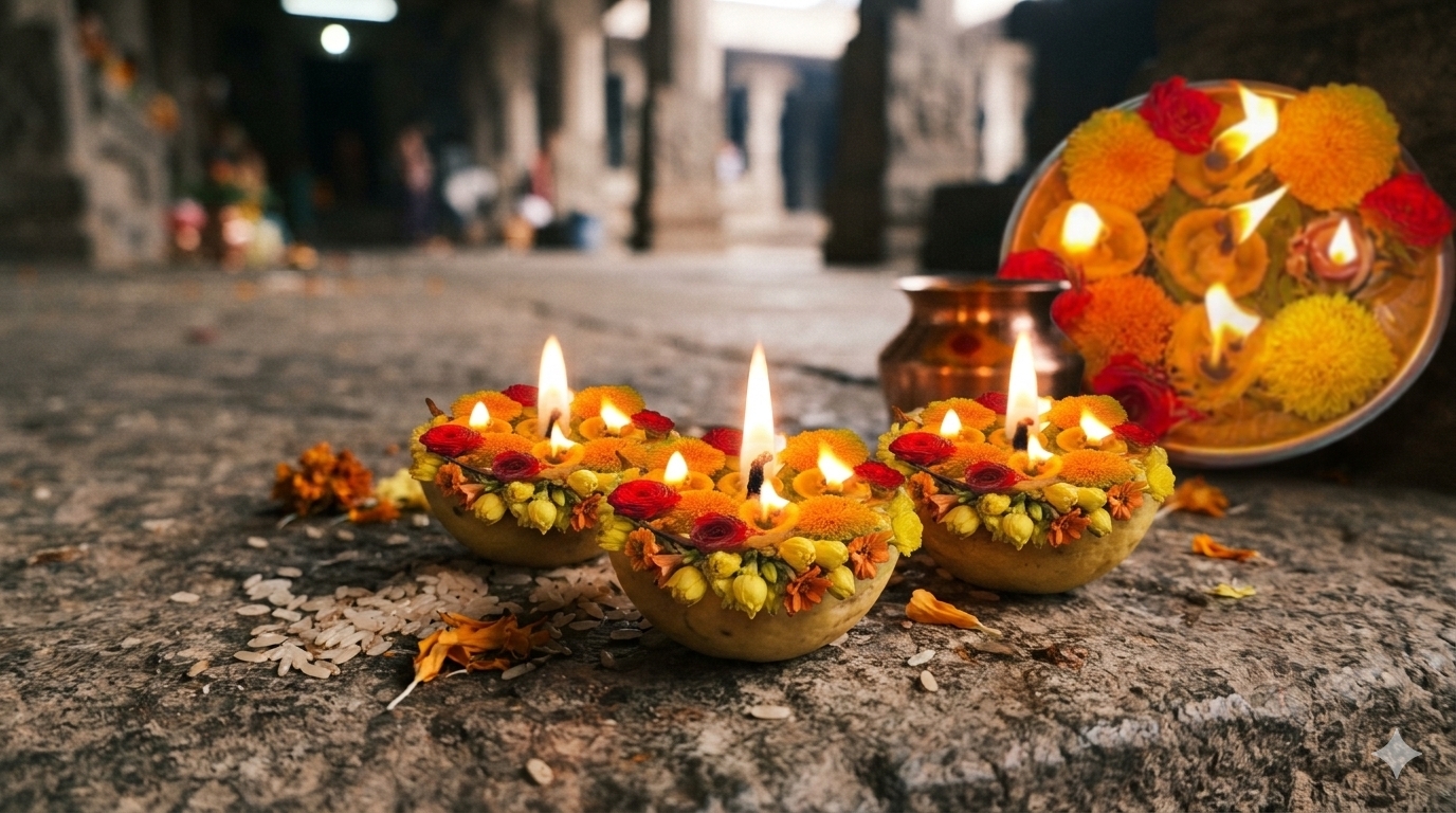 Traditional lemon diyas (ನಿಂಬೆಹಣ್ಣಿನ ದೀಪ) lit with oil and cotton wicks on a stone surface inside a temple corridor.